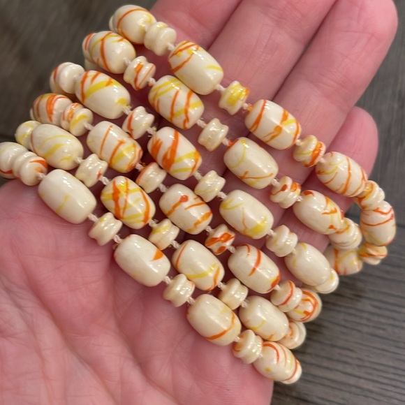 Vintage Beaded Necklace Ivory with Orange and Yellow Paint Splatter Design - Picture 9 of 13